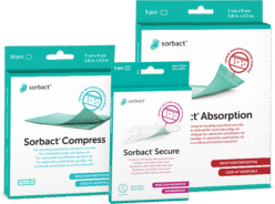 Pakker af Sorbact Compress, Sorbact Secure og Sorbact Absorption.